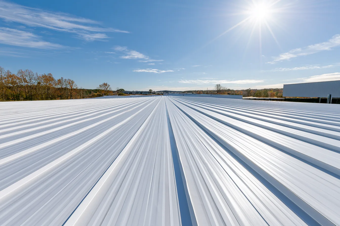 Broad white metal roof panels beside an industrial building