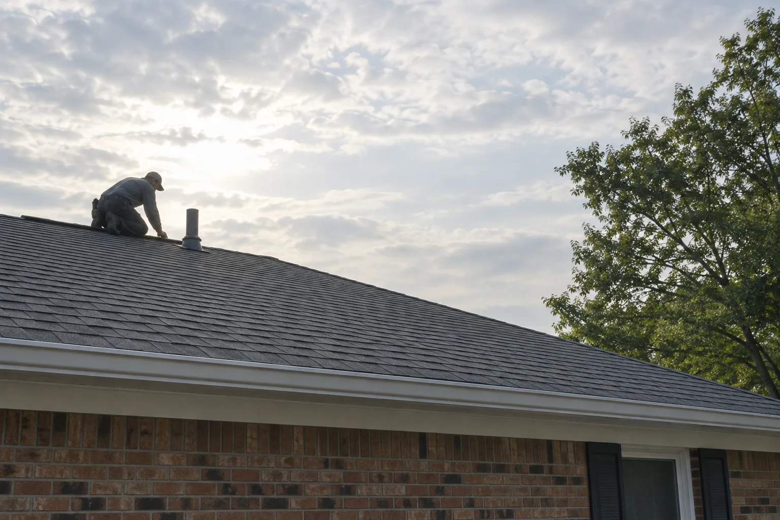 Backlit roofer kneeling beside a vent on a gray shingle roof