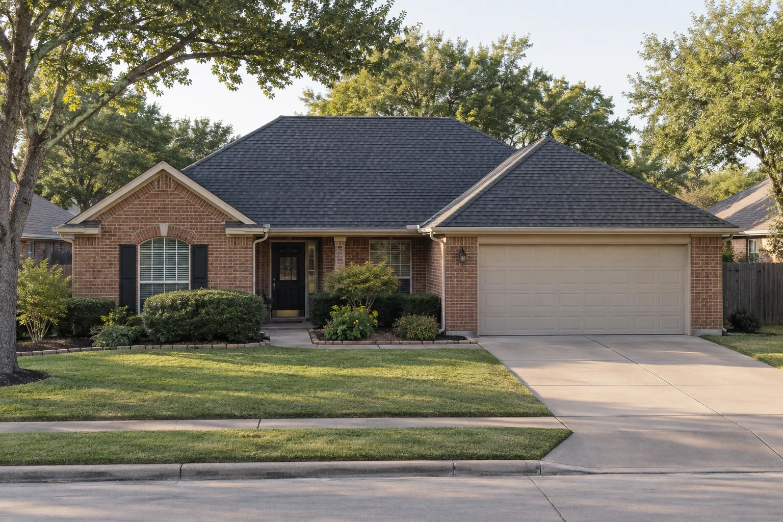Illustrative one-story brick house with a charcoal shingle roof